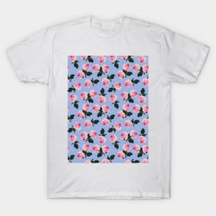 Scattered pink vintage roses on blue T-Shirt